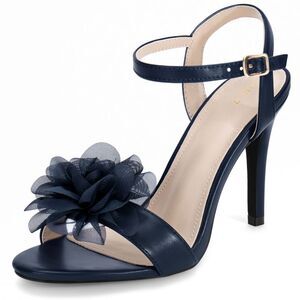 Flower Heel Open Toe Ankle Strap Stiletto Heel Sandals Navy Blue